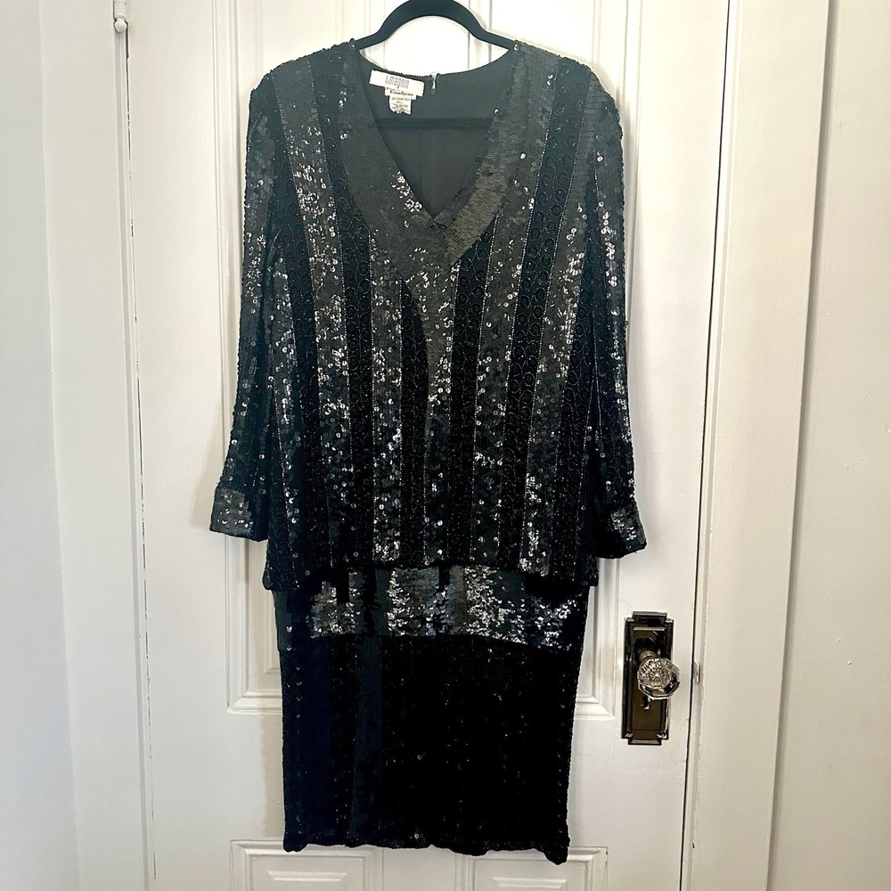 JUDITH ANN CREATIONS Pure Silk Lined Fully Beaded‎ Drop Waist Dress Sz Medium